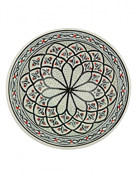Tunisian plate in white with black flower, 9.25 in