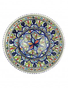 Tunisian plate in white with blue flower and black rim,...
