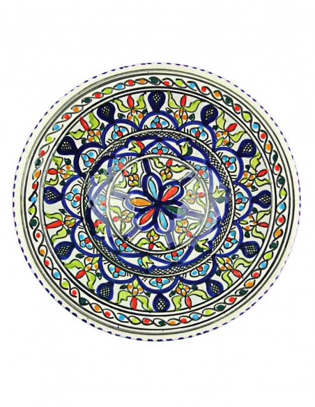 Tunisian plate in white with blue flower and black rim, 9.25 in