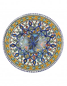 Tunisian plate with orange rim and blue flower, 9.25 in