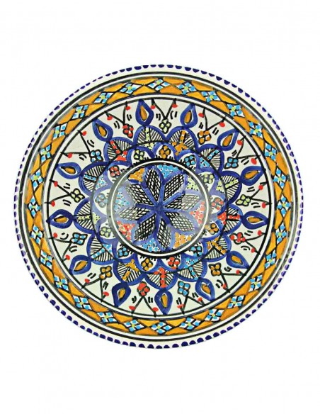 Assiette tunisienne à bordure orange et fleur bleue, 9,25 po