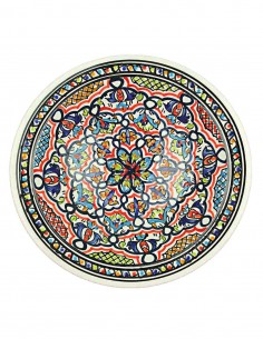 Assiette tunisienne à rosace rouge et bordure noire,...