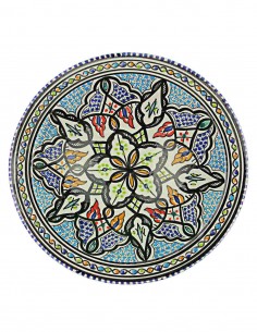 Tunisian plate in light blue with black leaves, 10.75 in