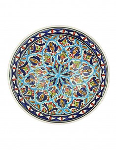Tunisian plate with blue and red rosette, 10.75 in