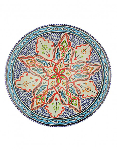 Assiette tunisienne à grande fleur rouge sur fond bleu, 13 po