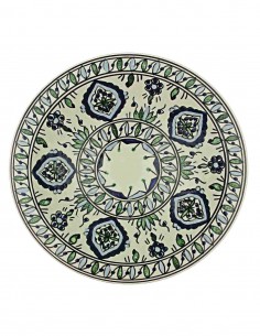 Tunisian plate in white with navy and green motifs, 13 in