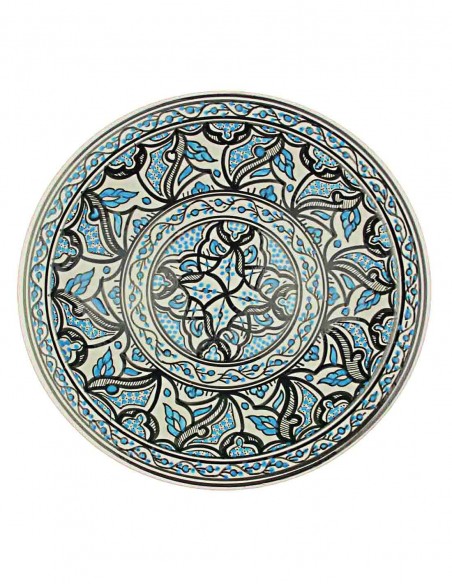Assiette tunisienne noire et bleu clair à rosace centrale, 13 po