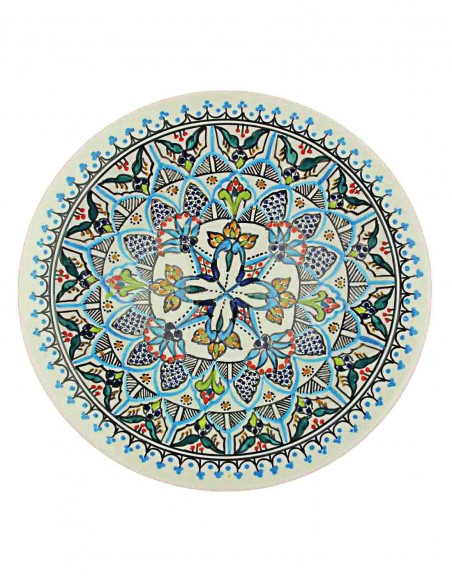 Tunisian plate with white central flower and blue rosette, 13 in