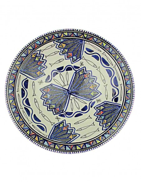 Assiette tunisienne blanche à éventails bleus, 14,5 po
