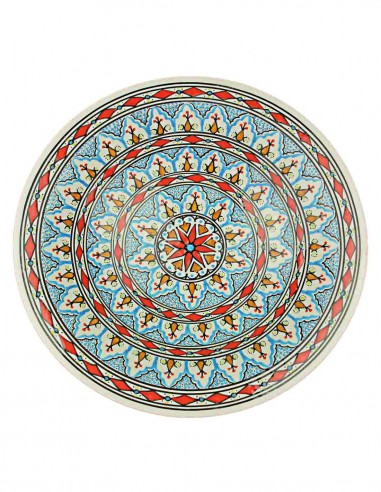 Assiette tunisienne bleu clair à rosace rouge,...