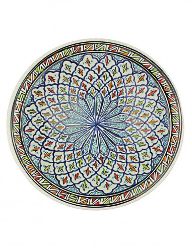 Tunisian plate with blue spiral rosette, 14.5 in