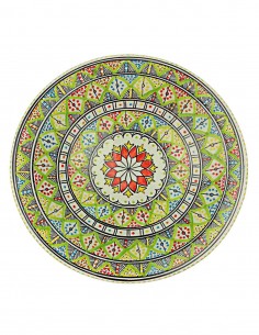 Tunisian plate in lime green with red rosette and bands,...