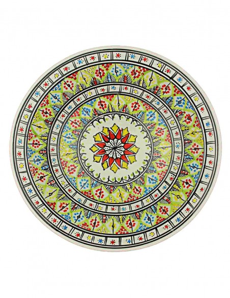 Assiette tunisienne jaune pâle à rosace rouge, modèle A, 13 po