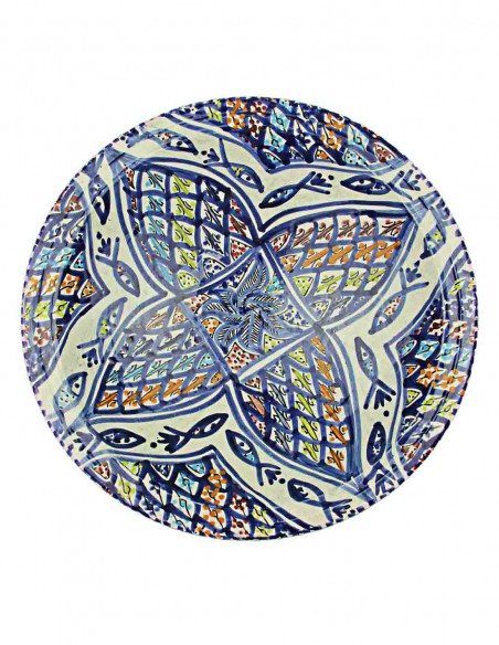 Assiette tunisienne bleue et blanche à grande fleur, 13 po