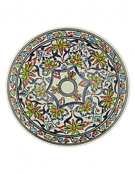 Tunisian plate in cream with black and red flowers, 13 in