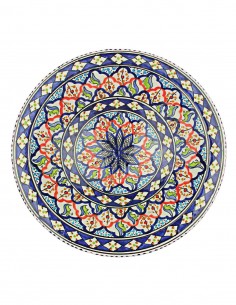 Tunisian plate in royal blue with red rosette, 13 in