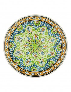 Tunisian plate in lime green with orange rim, 13 in
