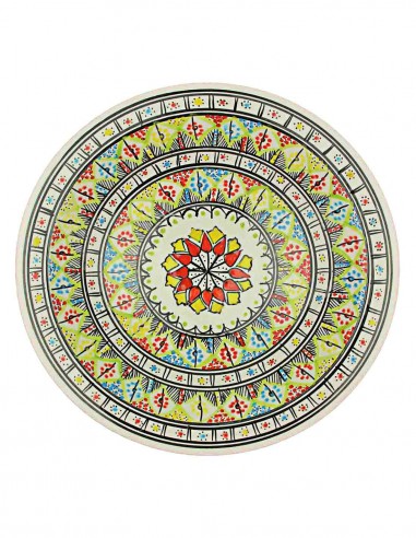 Tunisian plate in pale yellow with red rosette,...
