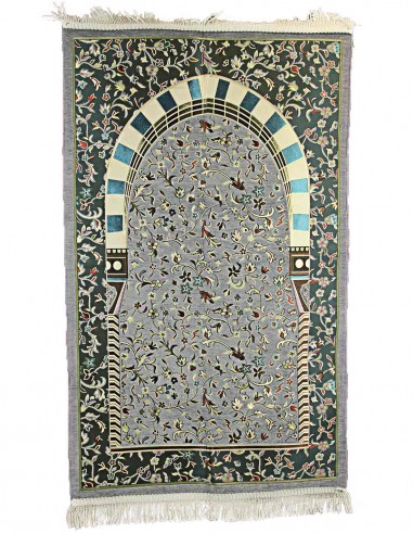 Tapis de prière turc vert foncé à arche fleurie...