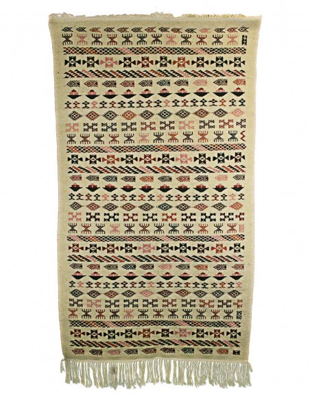 Mergoum wool rug in cream with rows of Berber motifs, 30 x 56 in