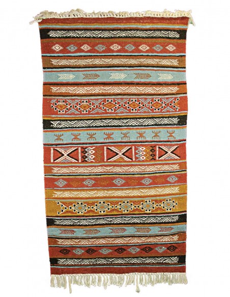 Tapis mergoum en laine à rayures orange et motifs berbères, 29 x 55 po