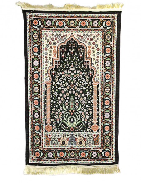 Turkish prayer rug in black with floral arch, 26 x 47 in