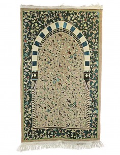 Turkish prayer rug in dark green with beige floral arch,...